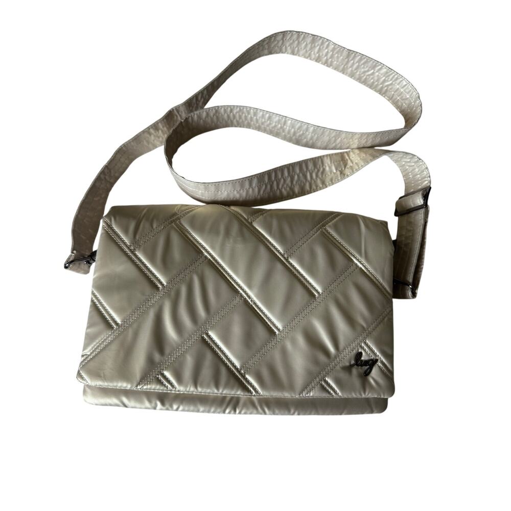 Lug Huddle Shoulder Bag Quilted Metallic Champagne Beige Medium Fold Over Purse